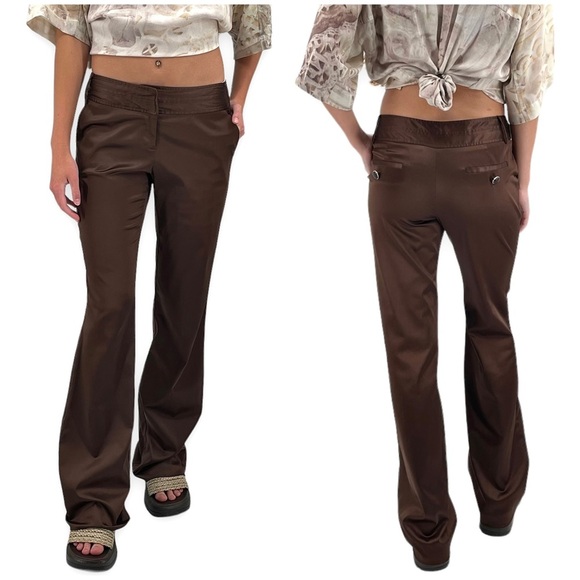 Vintage Y2K Low Rise Flare Leg Pants Dark Brown Satin Trousers Stretch | Size 1 - Picture 1 of 15